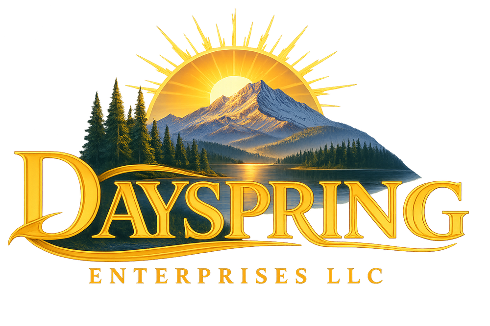 Dayspring Enterprises LLC — a sunrise over a mountain, lake, and evergreens