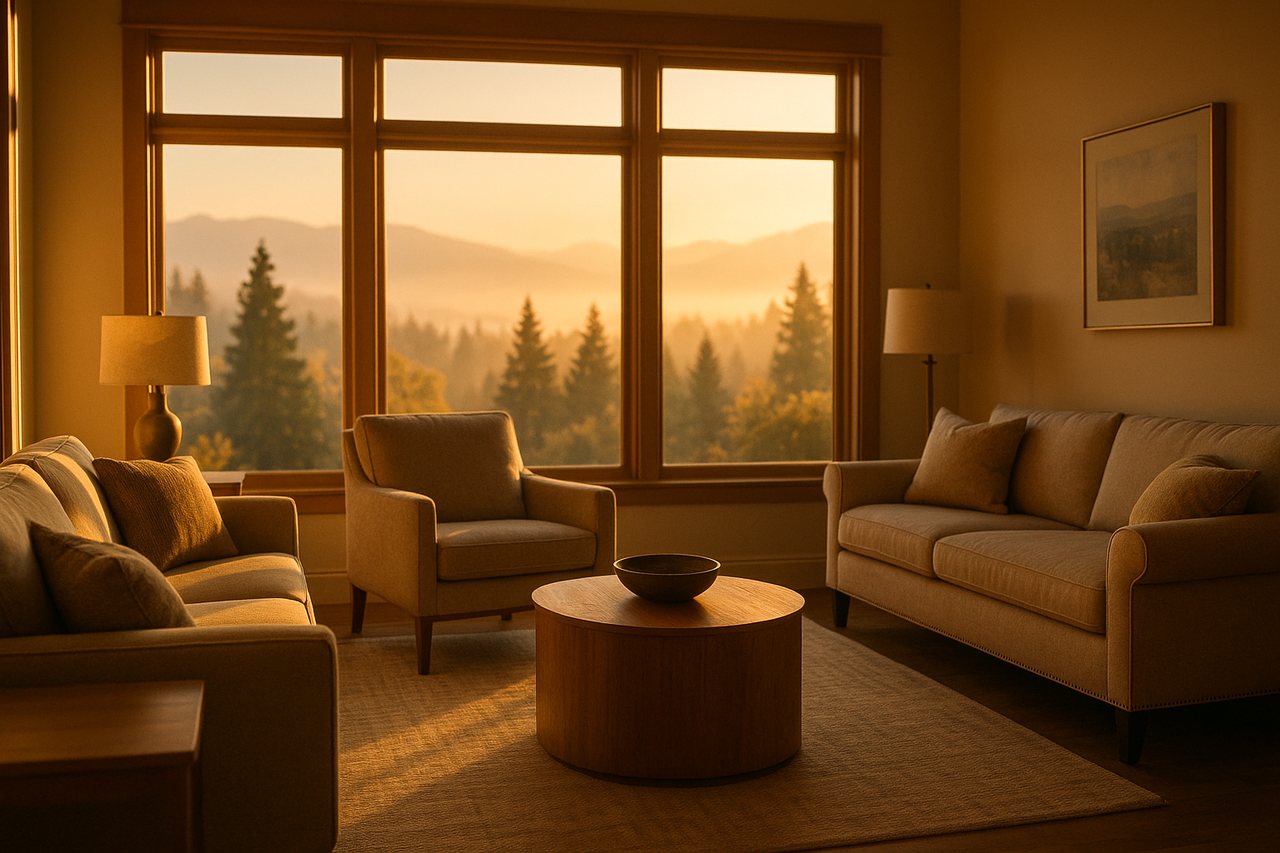 An elegant, freshly staged living room at golden hour, ready to sell
