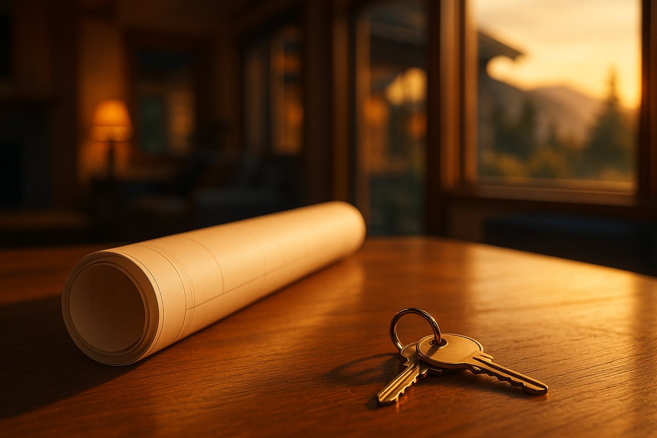 House keys and a rolled blueprint on a sunlit table overlooking a mountain at dawn