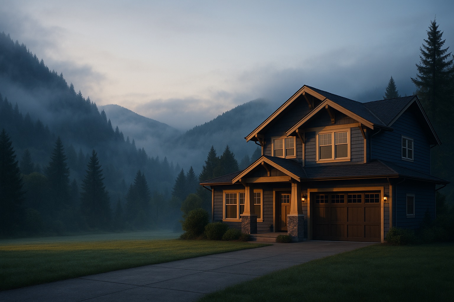 A craftsman home at dawn on the right, its windows warmly lit, below forested Pacific Northwest mountains wrapped in lifting fog