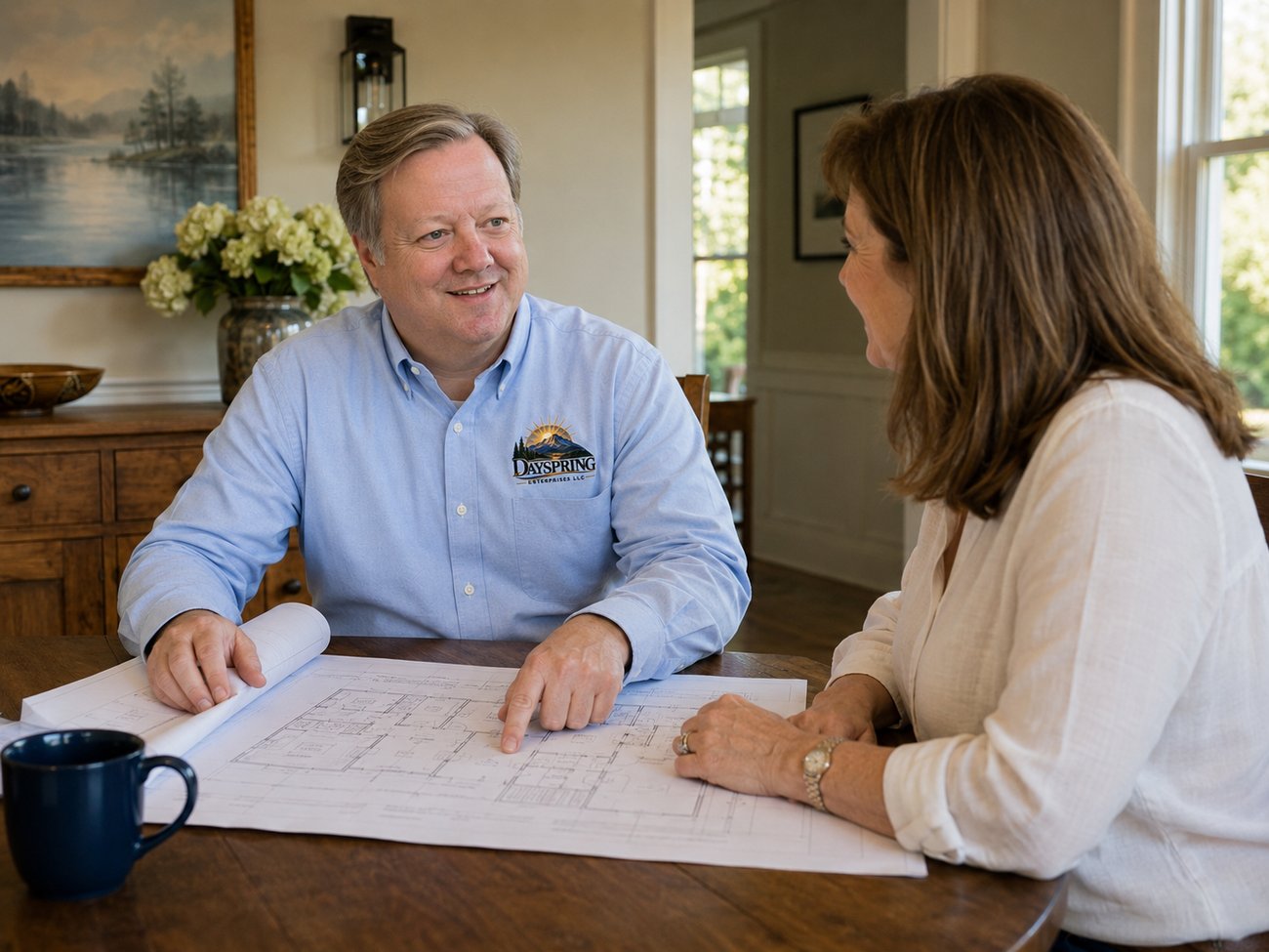 John of Dayspring Enterprises reviewing plans with a homeowner