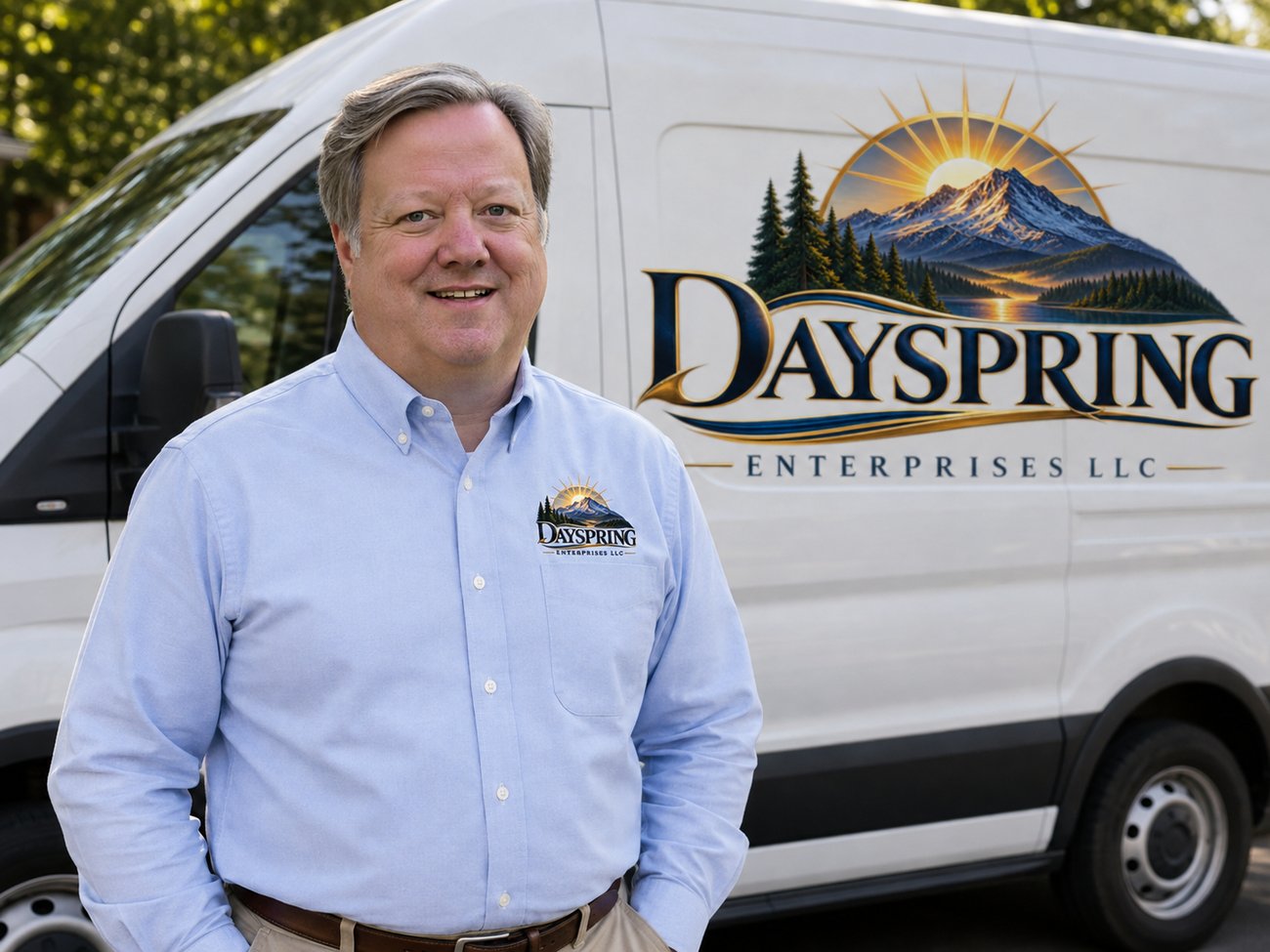John, owner of Dayspring Enterprises, by the company van