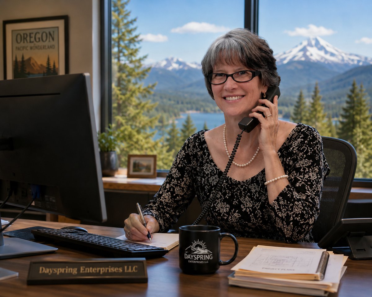 Louisa of Dayspring Enterprises at her desk with a mountain view