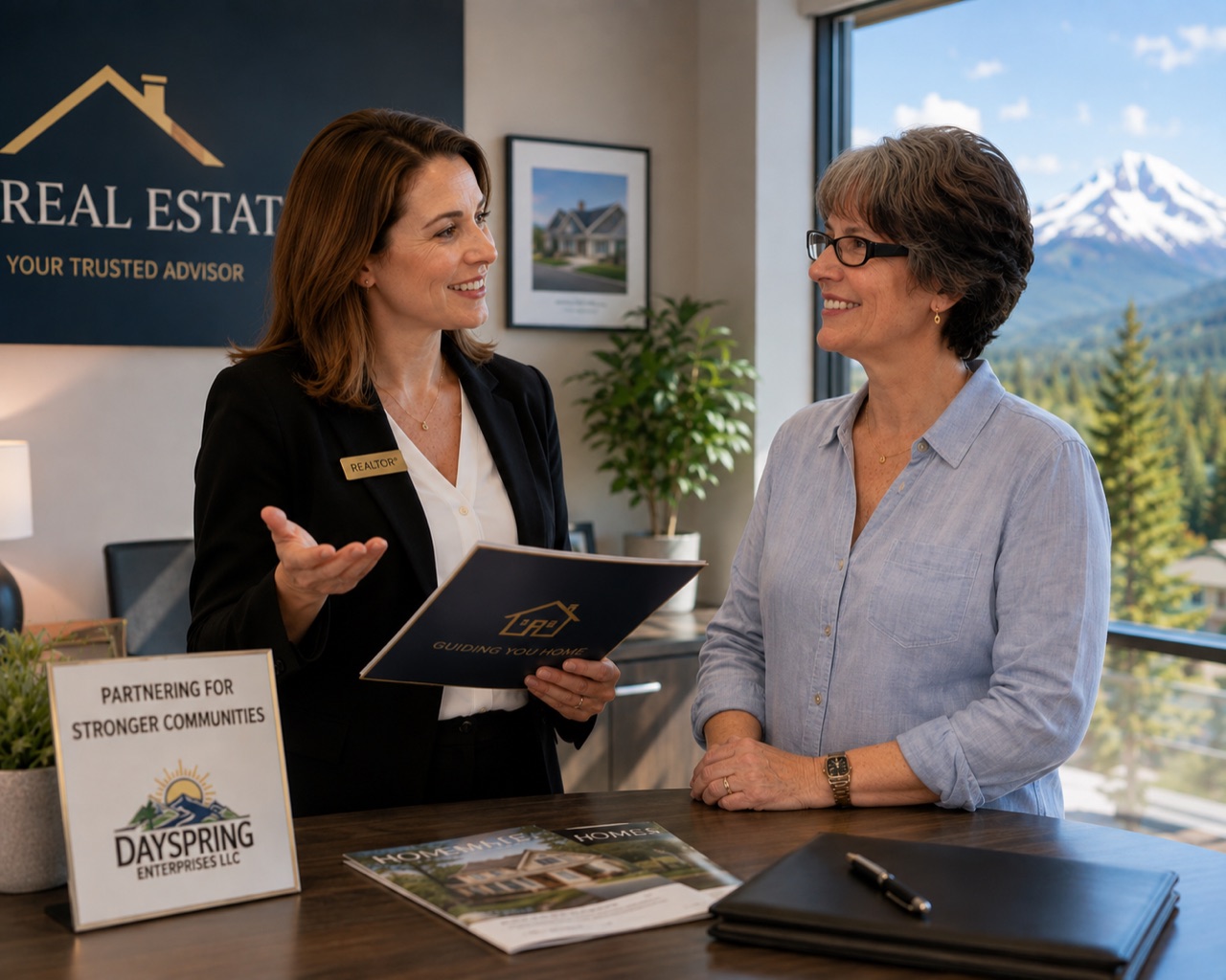 A Dayspring real estate partner reviewing a “Guiding You Home” folder with a homeowner beside a “Partnering for stronger communities” placard