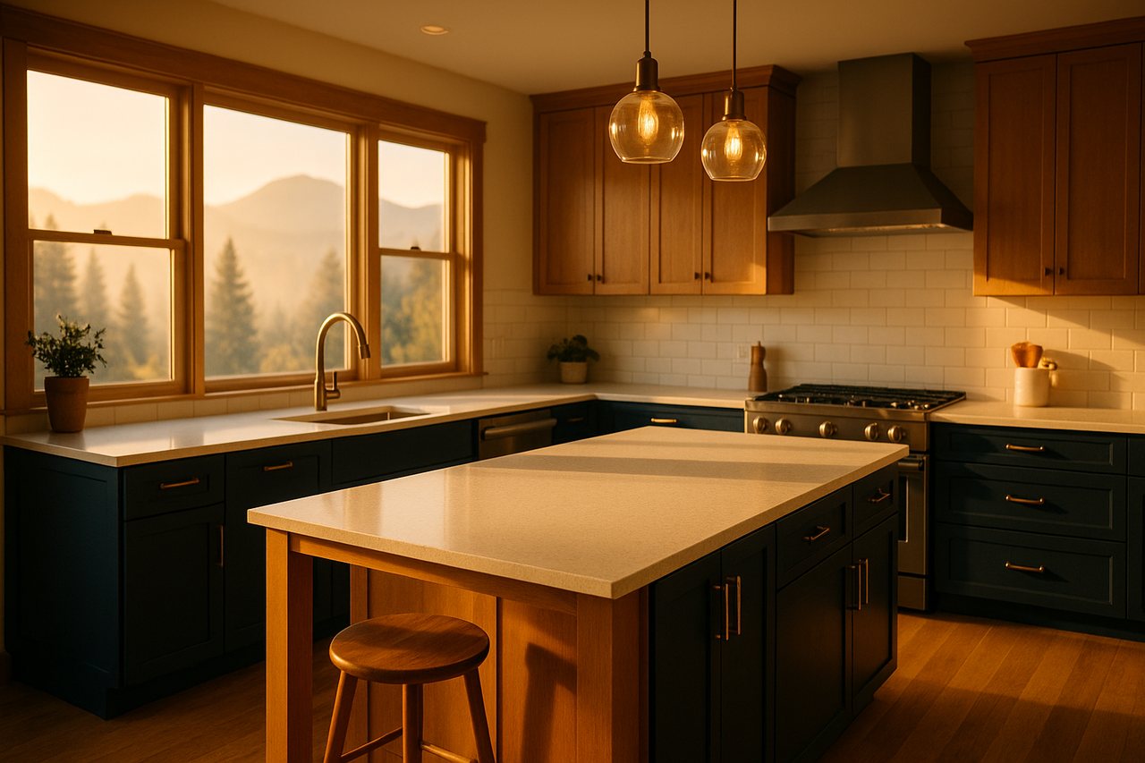 A renovated open-plan kitchen with navy cabinetry in warm morning light