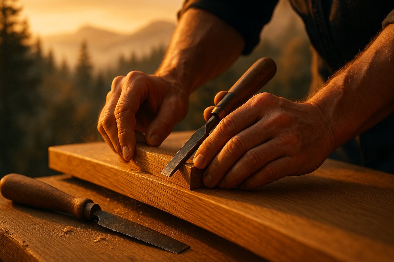 A craftsman's hands fitting warm oak trim with hand tools in golden light